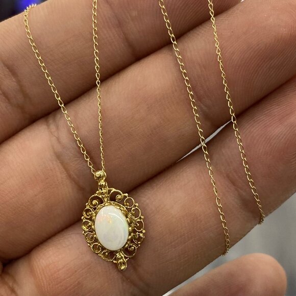 14K Yellow Gold Authentic Necklace Nice White Stone Opal Pearl 15" Cable Link - Picture 5 of 7